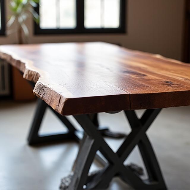 Custom live-edge walnut dining table with steel base