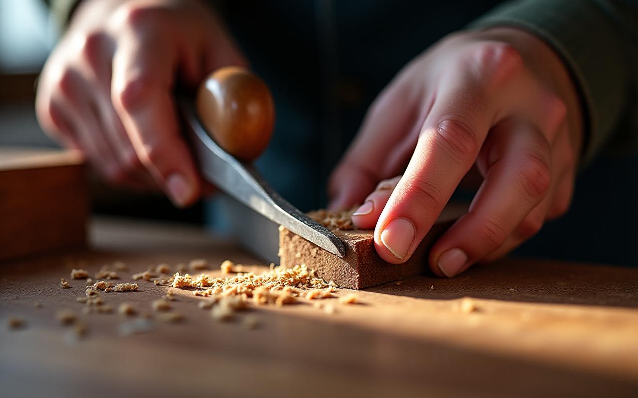 Close-up of master craftsman working on custom joinery