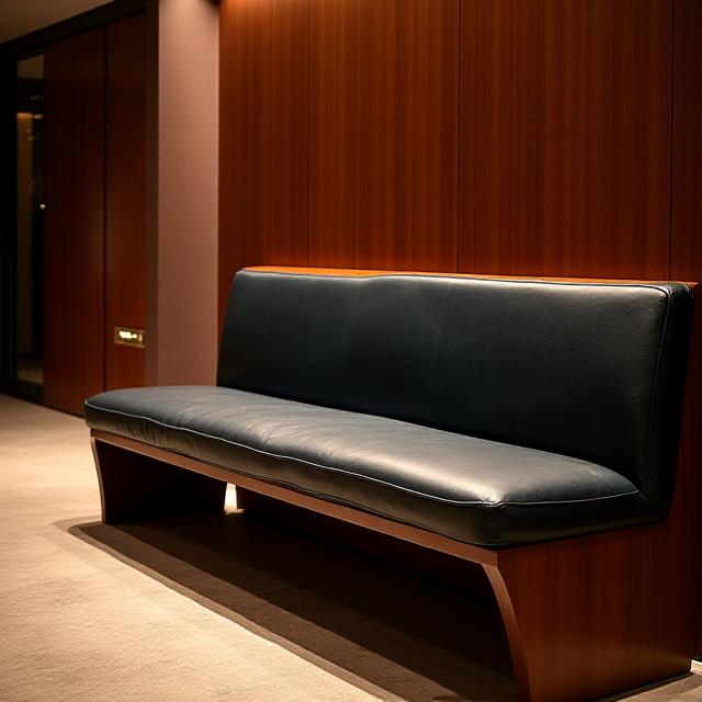 Curved mahogany seating for a boutique hotel lobby