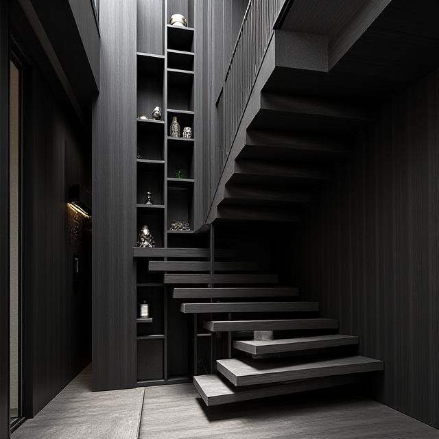 Floor-to-ceiling shelving unit integrated into architecture